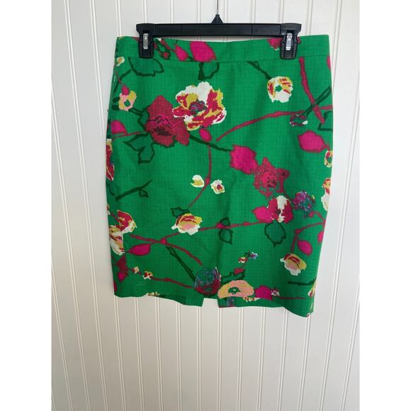 J Crew Pencil Skirt Size 6 Kelly Green Floral Basket Woven Cotton Knee Length - Picture 1 of 7
